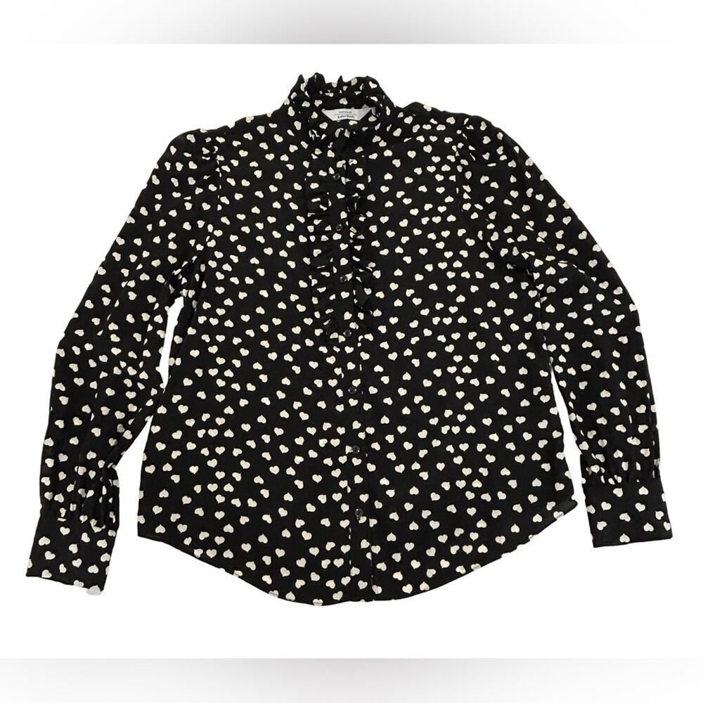 Paris Atelier & Other Stories Black Silk Blouse Size 6 Ruched Neck Heart Print